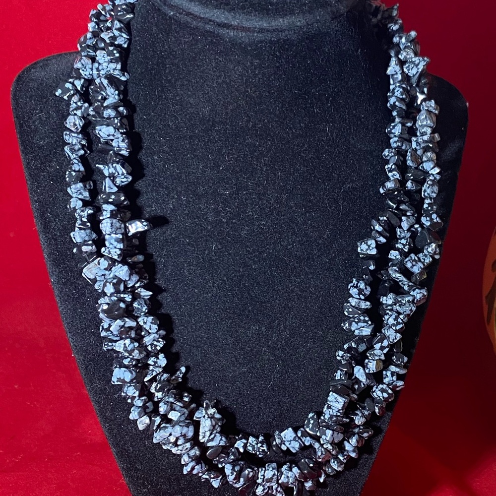 Black and Gray Multi-Strand Necklace with Stone Chips